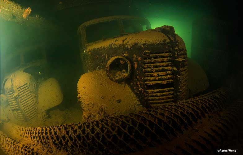 Trucks inside Hoki Maru in Truk Lagoon