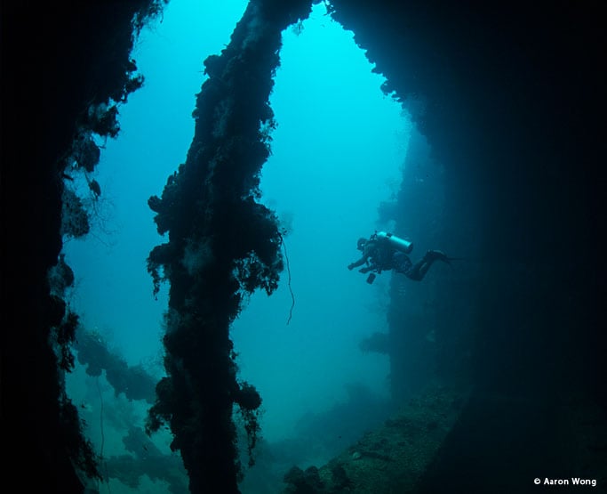 Diver inside a wreck